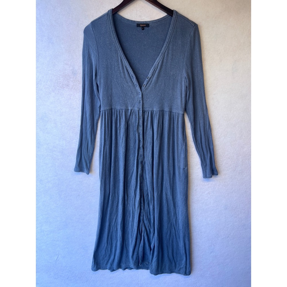 Quince Blue Tencel Rib Knit Button Down Midi Dress Long Sleeve Pockets S JDA01